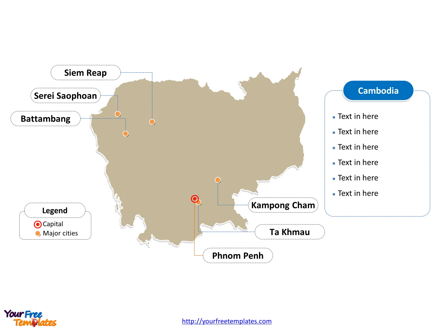 Cambodia Outline map labeled with cities