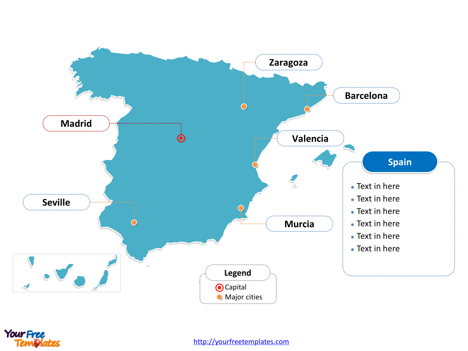Spain PowerPoint Map with outline and cities labeled on the Spain map blank templates