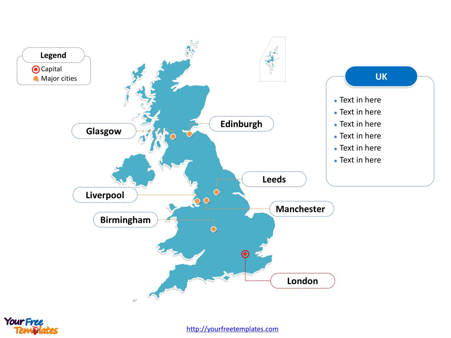 UK map with outline and cities labeled on the United Kingdom map PowerPoint templates