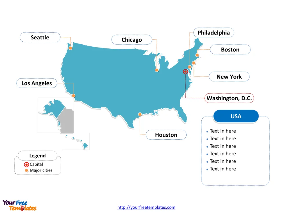 USA PowerPoint map of outline labeled with cities