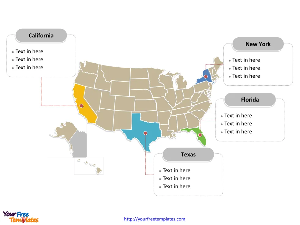 USA PowerPoint map of political divisions labeled with major states