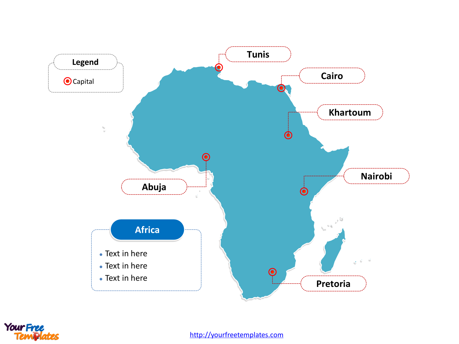 Map of Africa with outline and cities labeled on the Africa map free templates, or African continent map