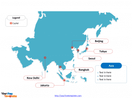 Asia Outline map labeled with major capitals