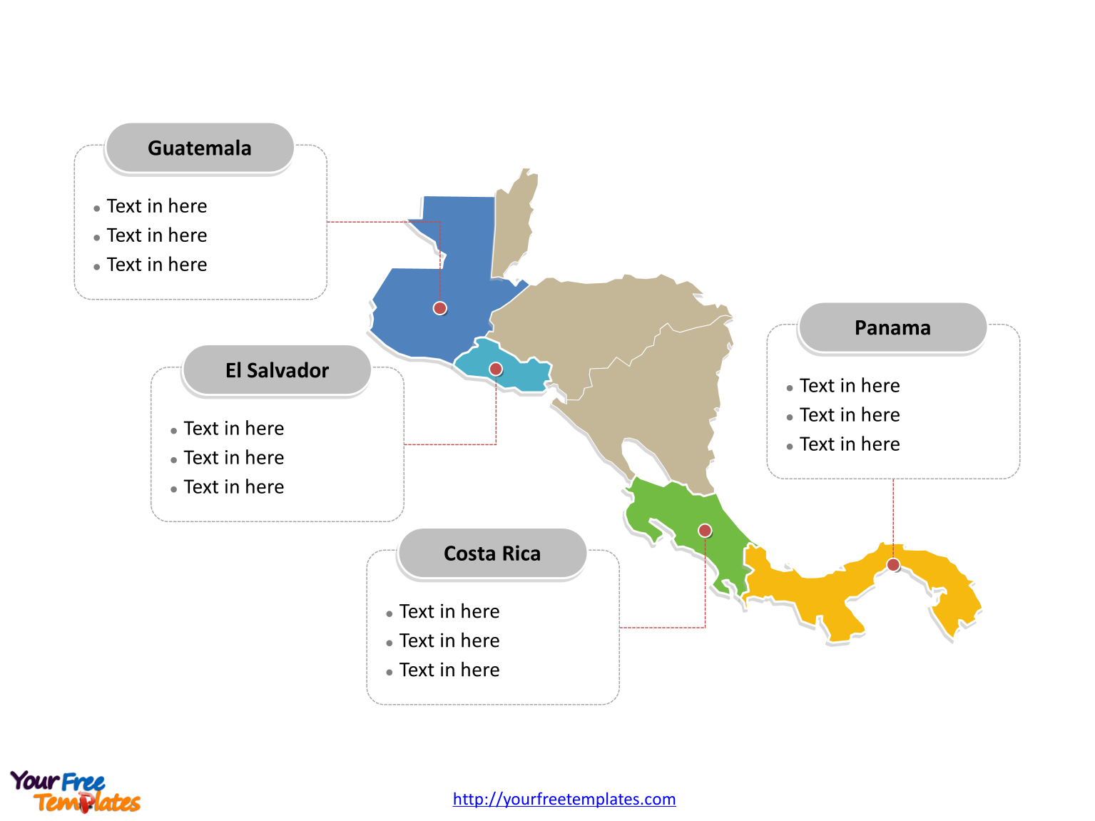 Map of Central America with political division and major Countries labeled on the Blank Central America map free templates