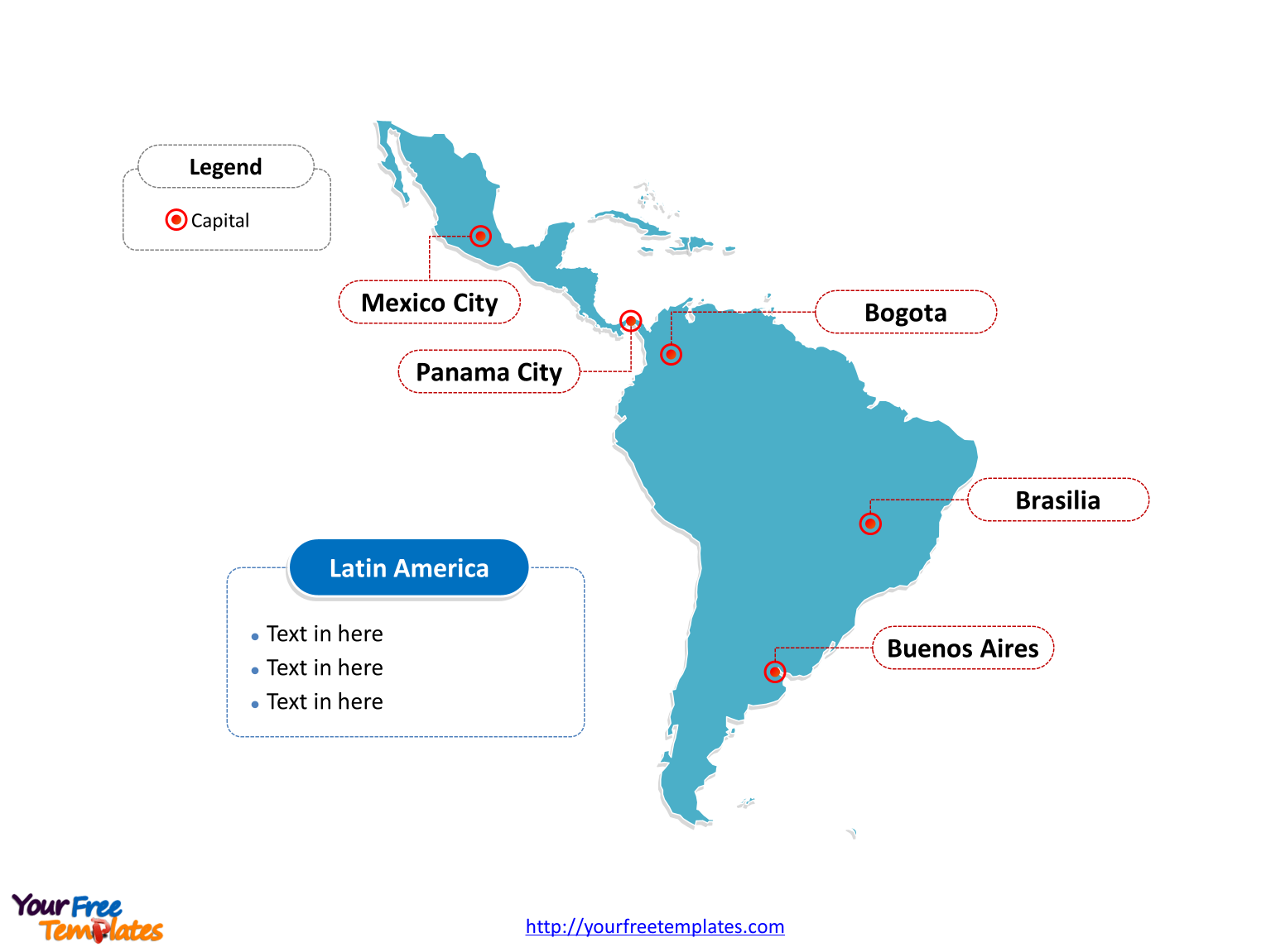 Map of Latin America with outline and cities labeled on the Blank Latin America map free templates