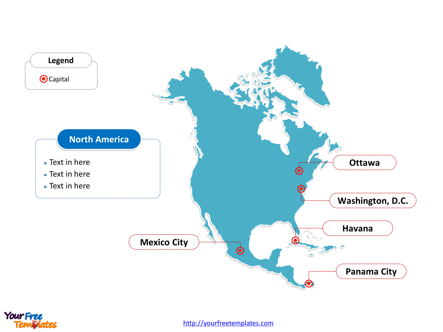 Map of North America outline or North america map blank labeled with major capitals