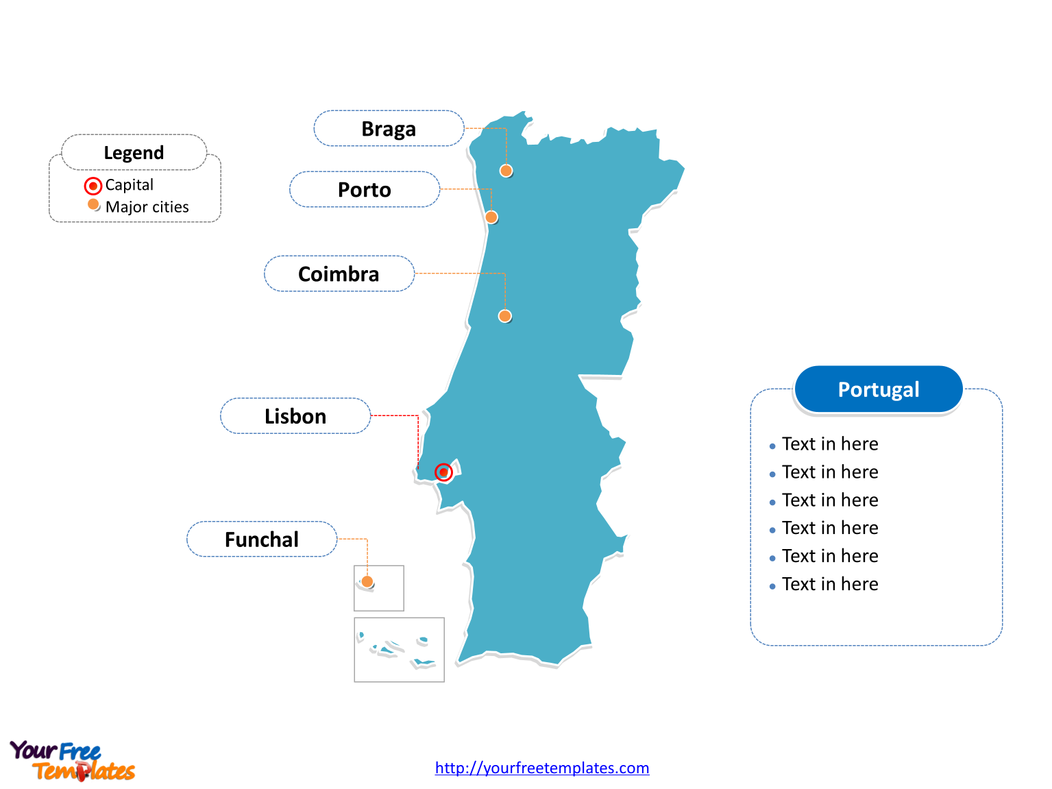 Portugal Outline map labeled with cities