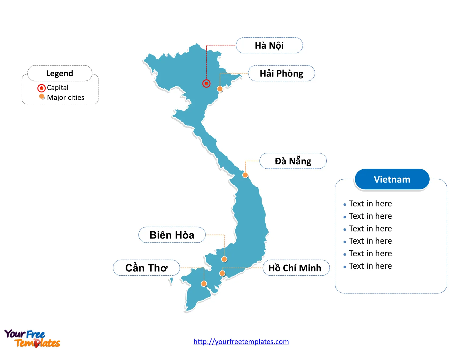 Vietnam editable map of outline labeled with cities