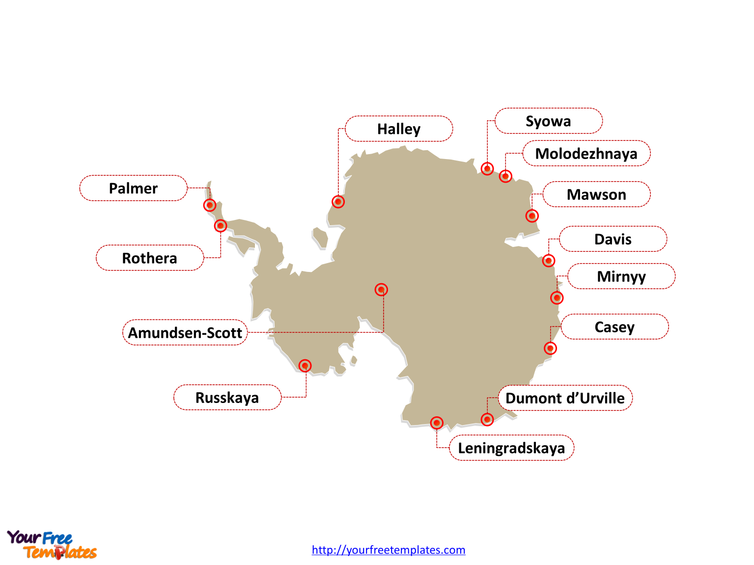 Antarctica map labeled with major stations