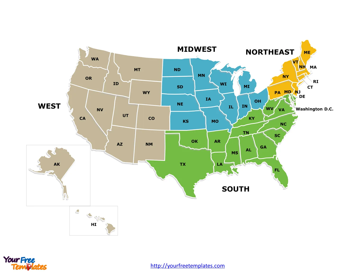 Editable Map Template   United States Of America State Map By Census Region E1488201553441 