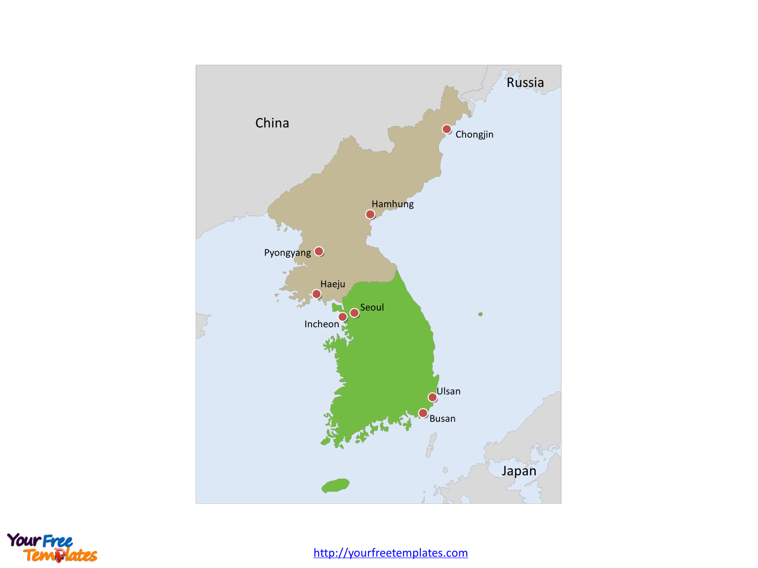 Framed Korea Peninsula Political map labeled with major cities and surrounding countries, China, Russia and Japan.