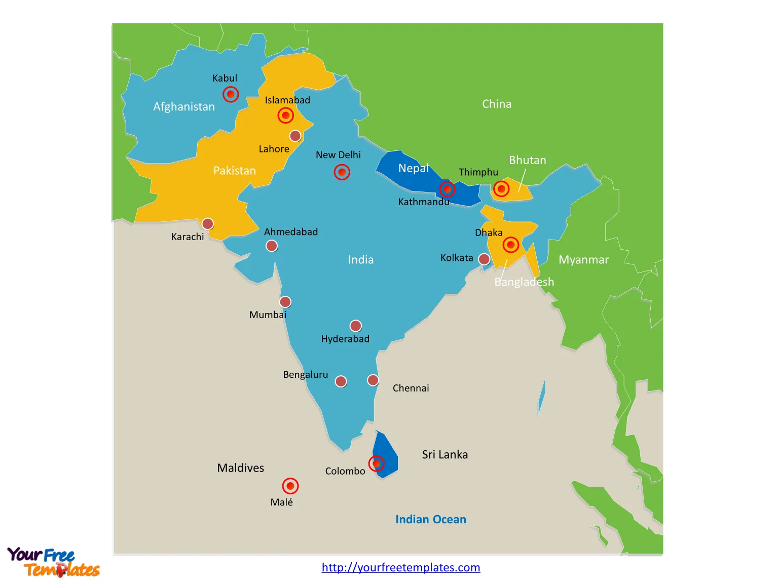 Map of South Asia with individual countries and major Countries labeled on the South Asia map free templates