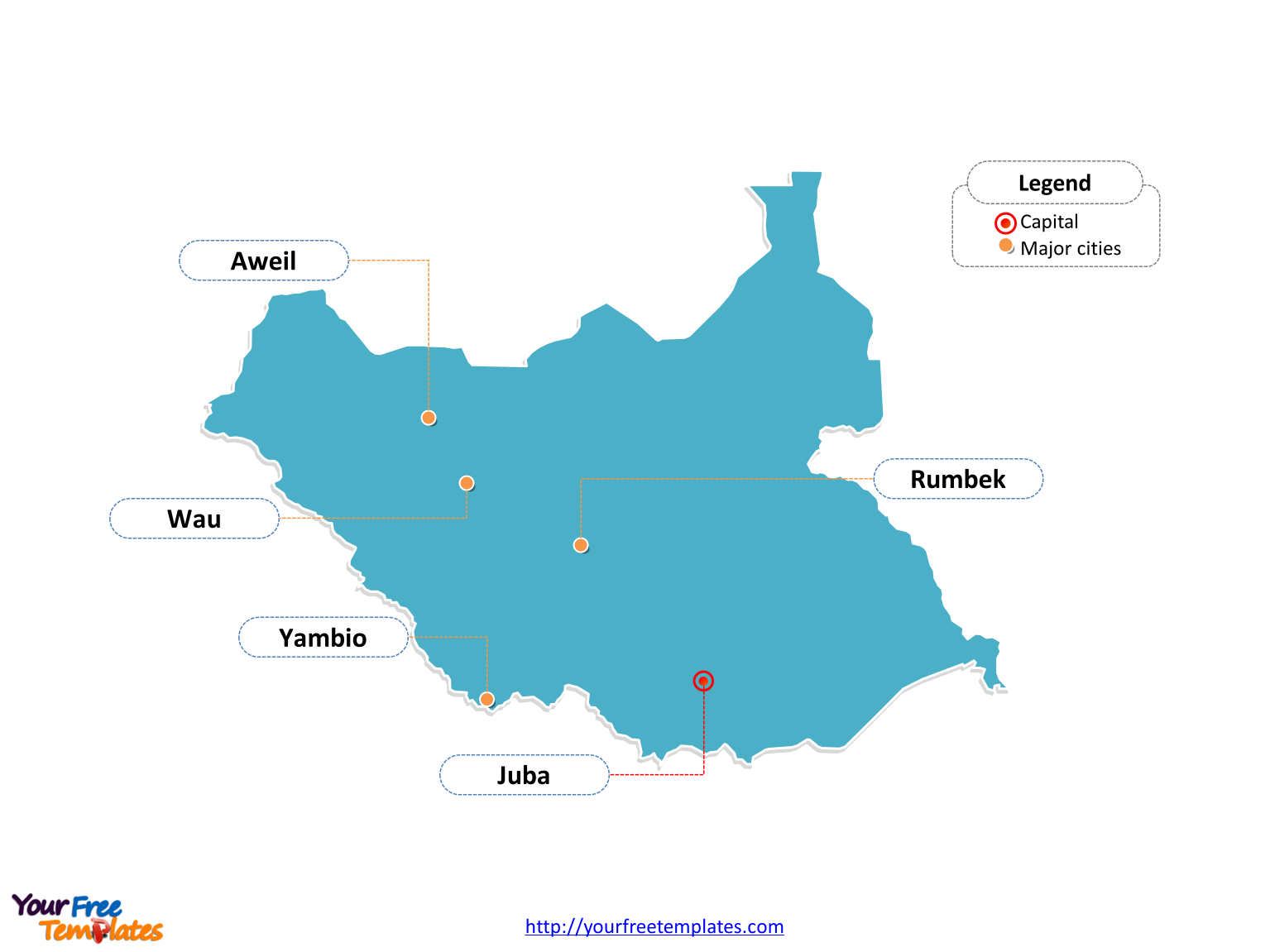 South Sudan Outline map labeled with cities