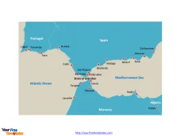 Strait of Gibraltar country Outline map labeled with important cities along the strait.