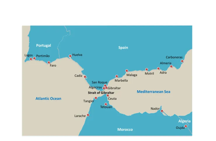 Strait of Gibraltar country Outline map labeled with important cities along the strait.