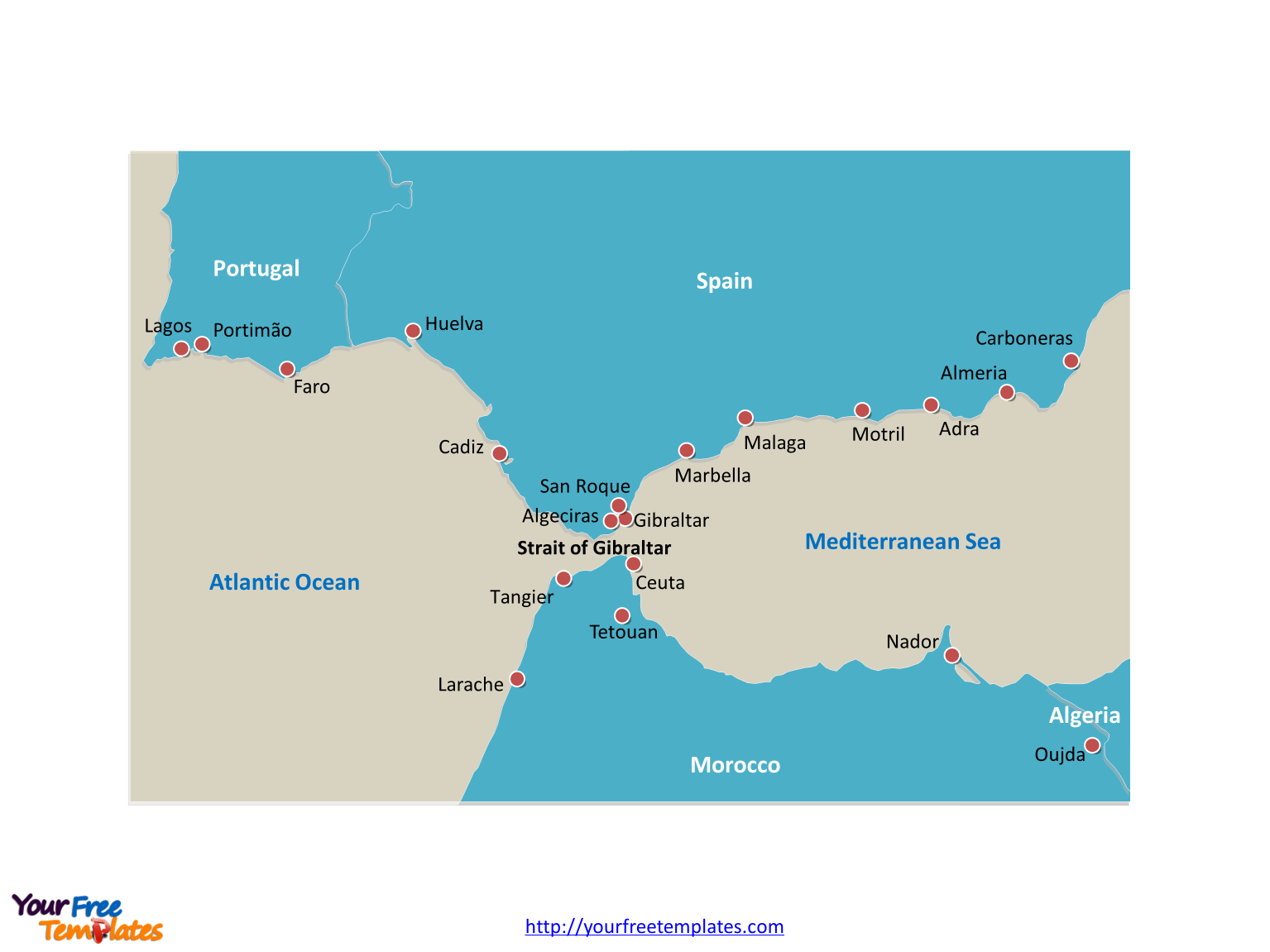 Strait of Gibraltar country Outline map labeled with important cities along the strait.