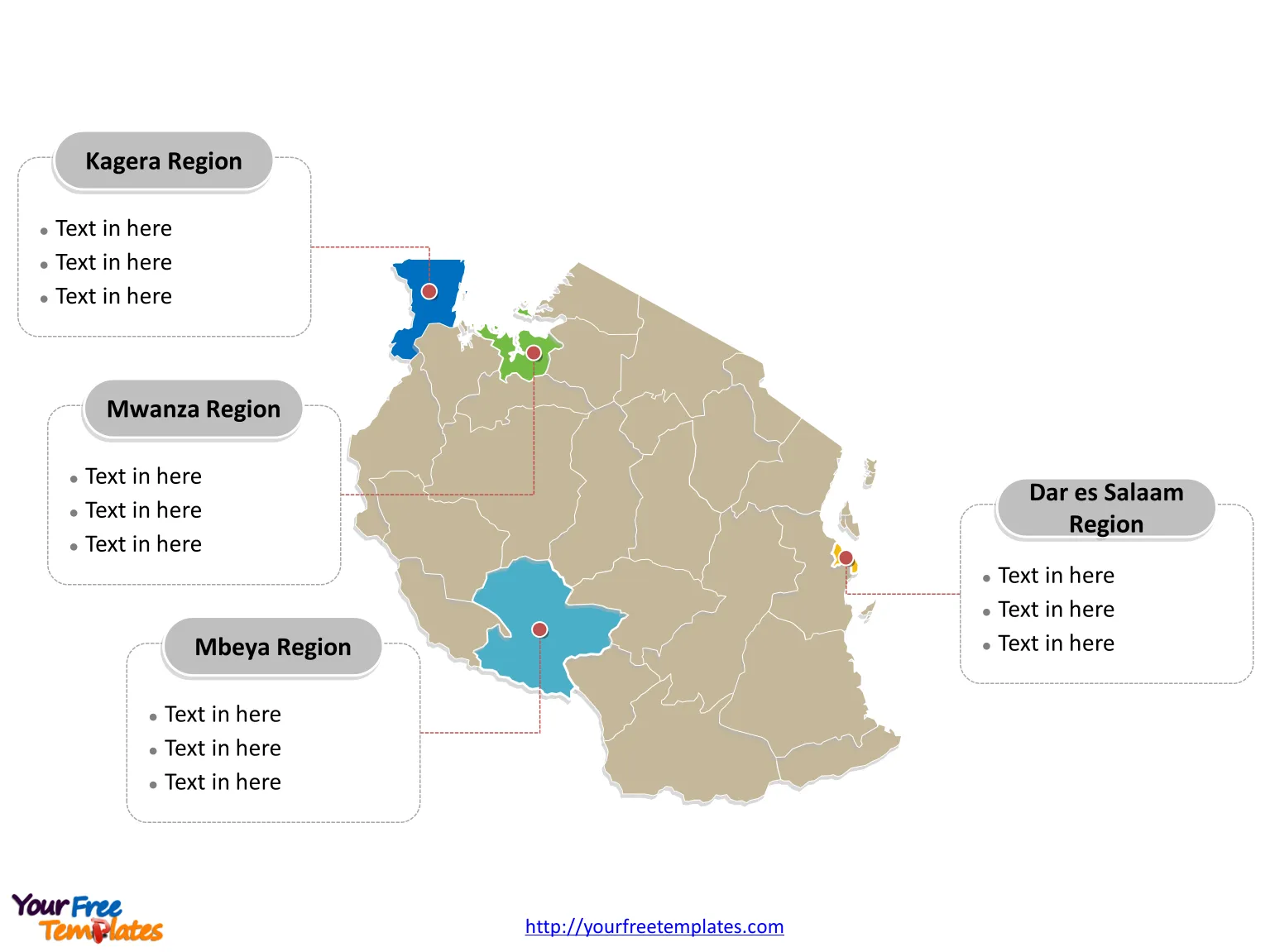 Tanzania Political map labeled with major Regions