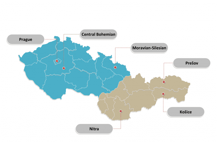Czech-Slovakia political map labeled with major divisions