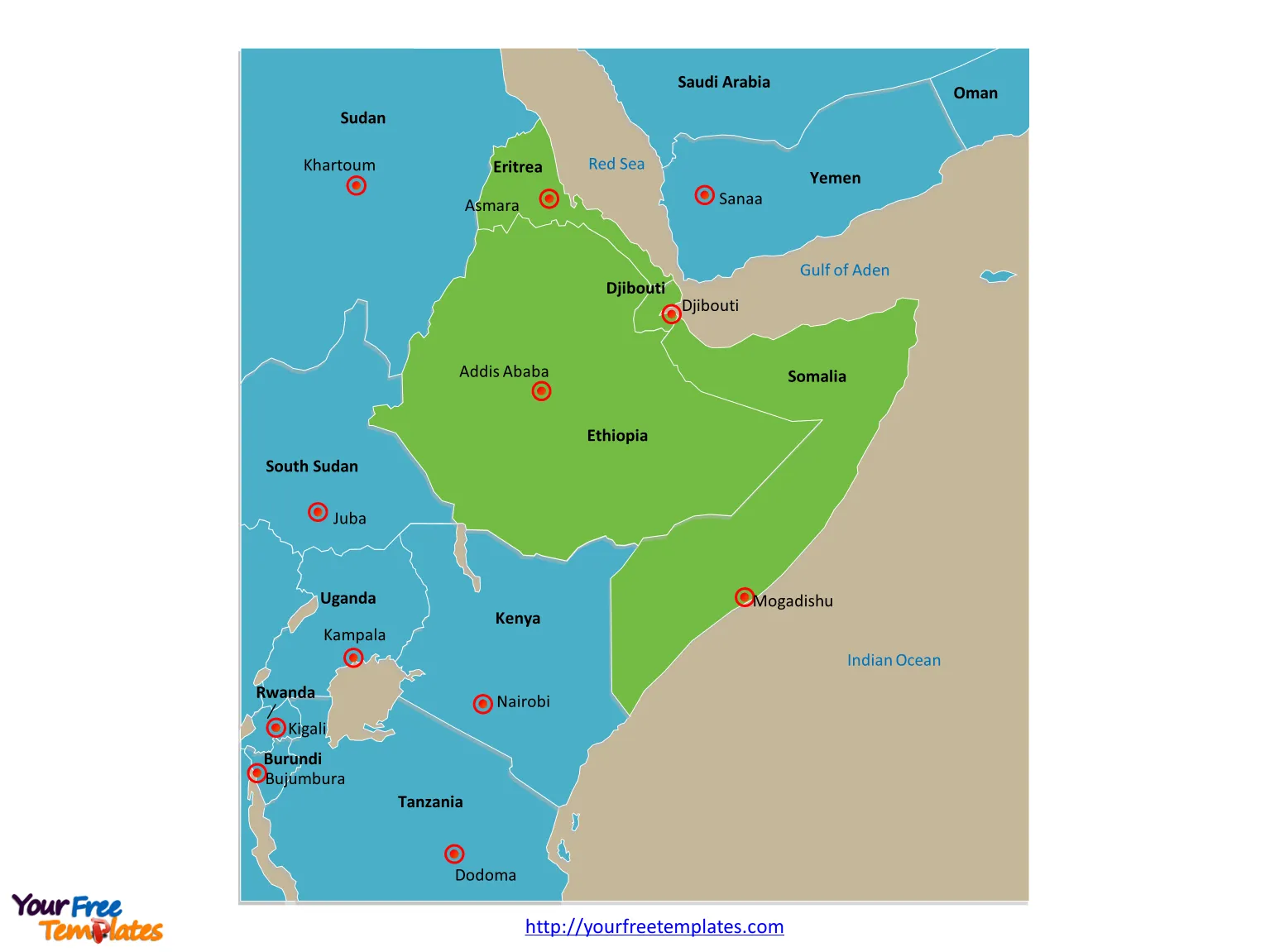 Horn of Africa map labeled with capitals