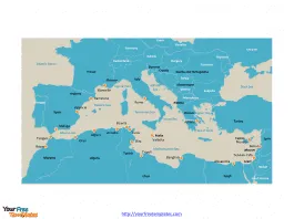 Mediterranean Sea map labeled with cities