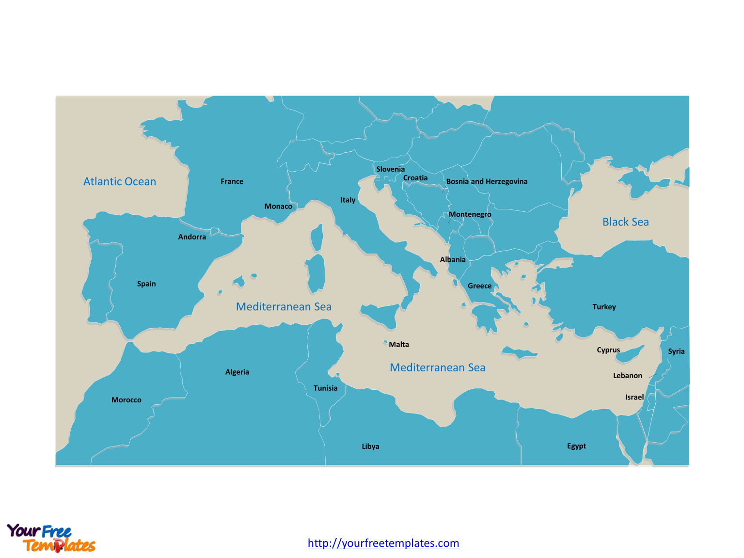 Mediterranean Sea Outline map labeled with country names