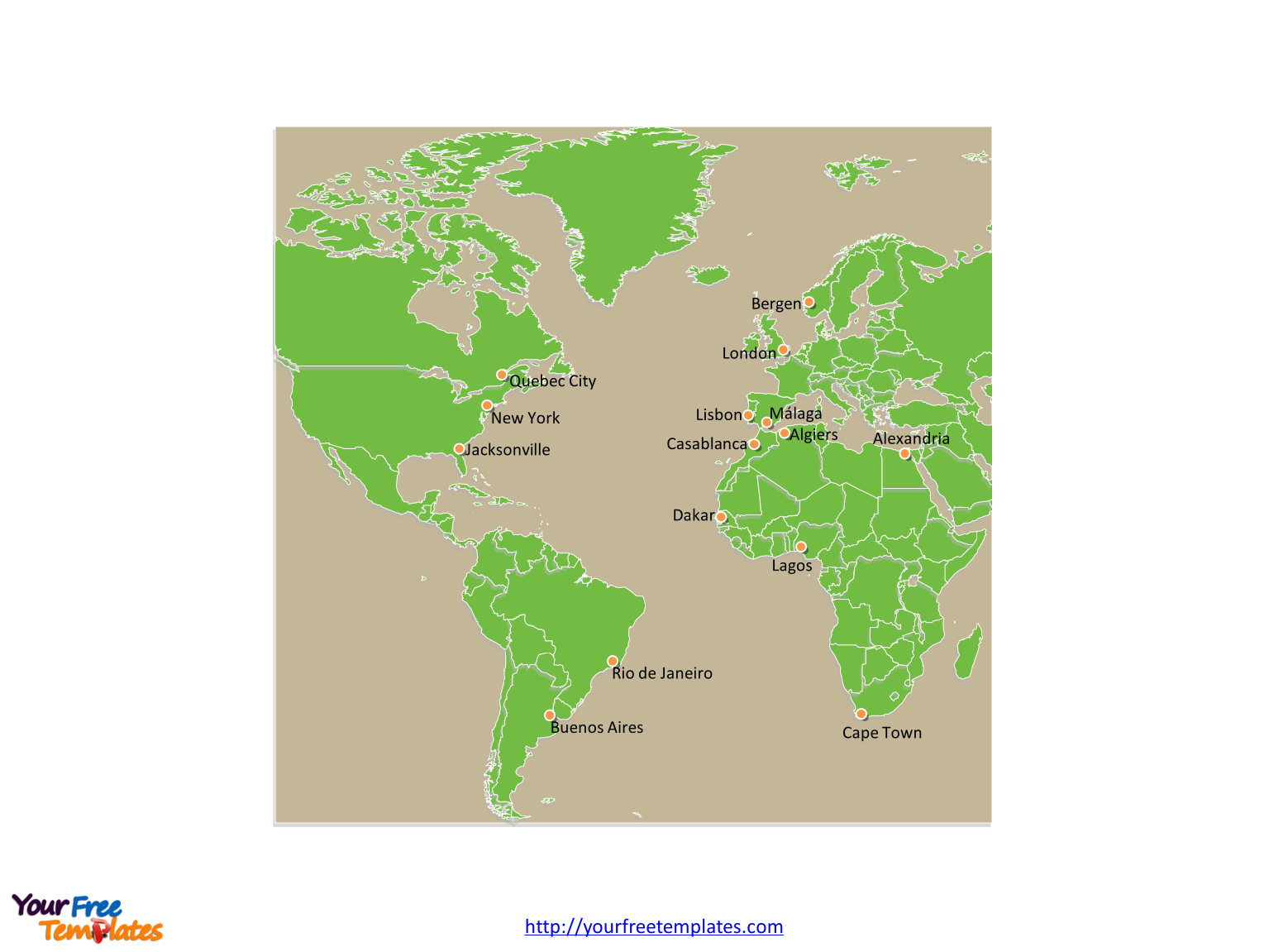 Atlantic Ocean map labeled major cities