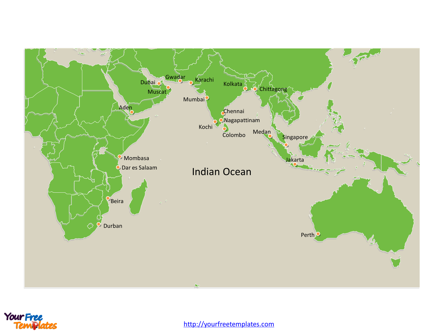 Indian Ocean map labeled major cities