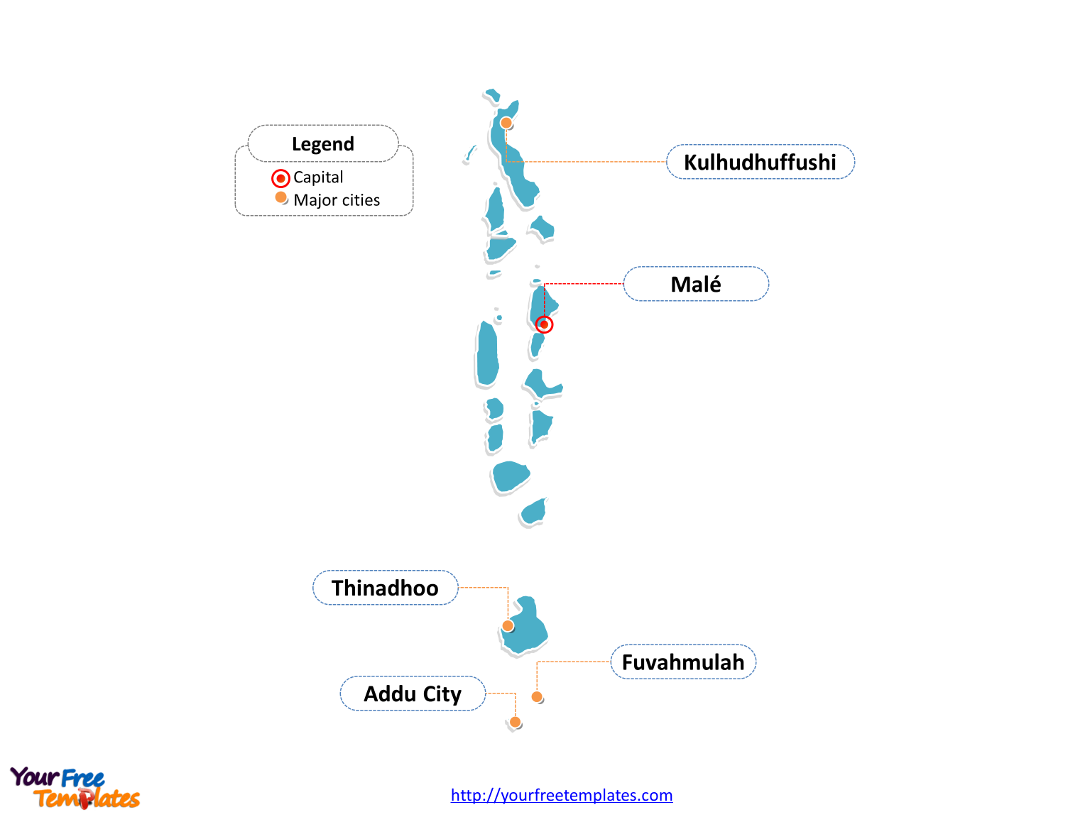 Maldives map labeled with cities