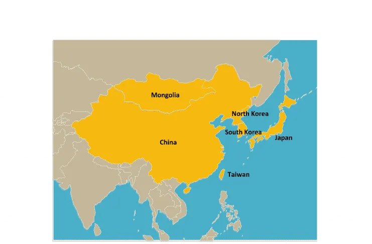 East Asia map labeled with major political countries