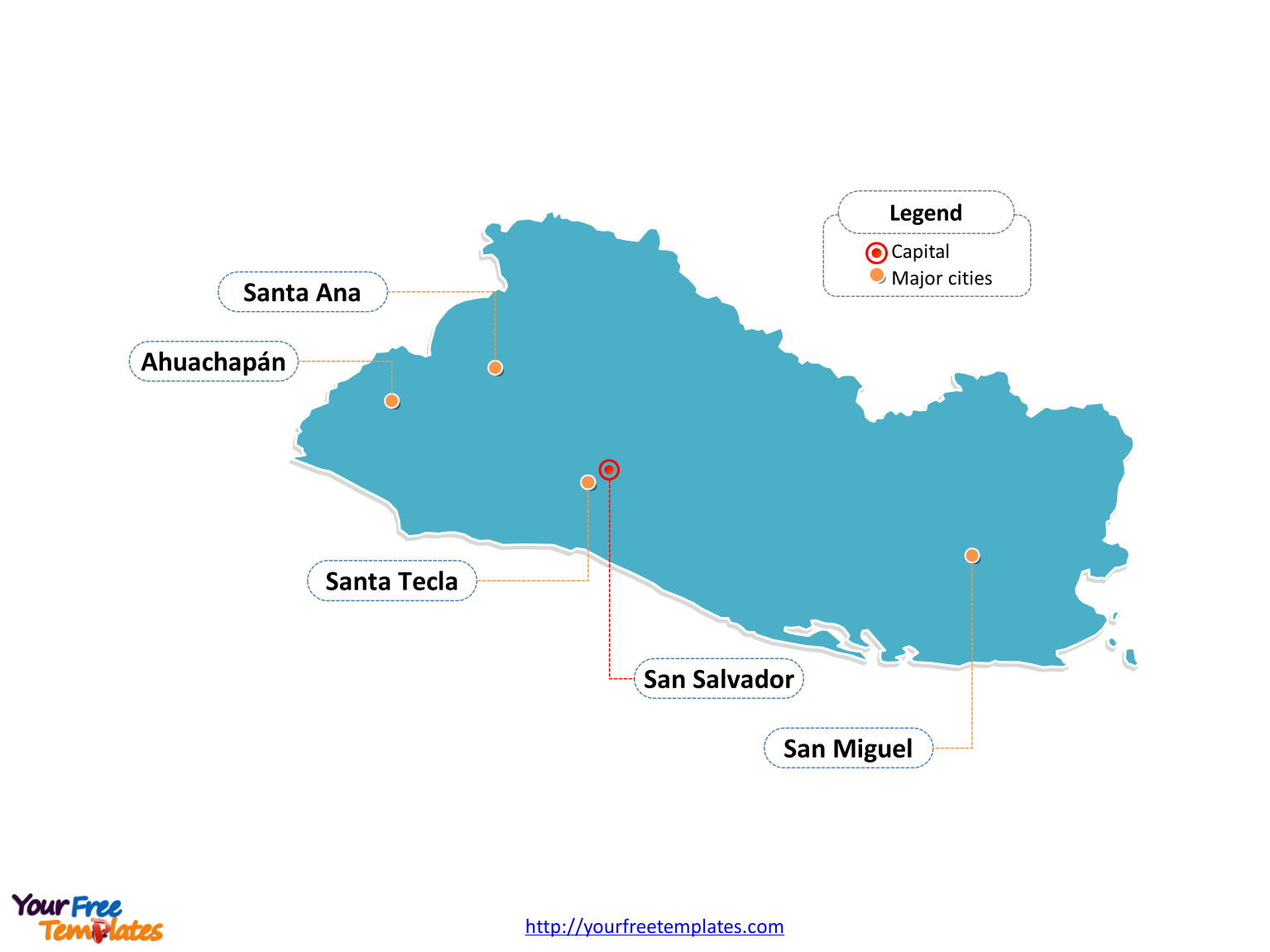 El Salvador map labeled with cities