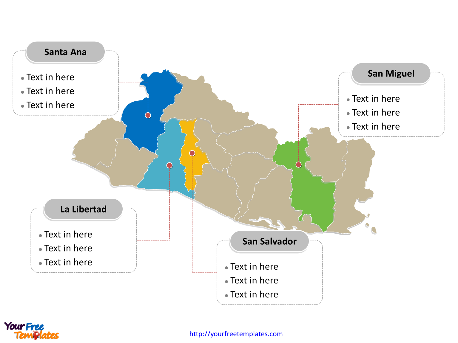 El Salvador map labeled with major political departments