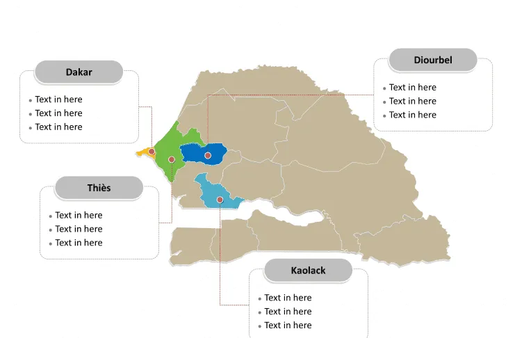Senegal map labeled with major political regions