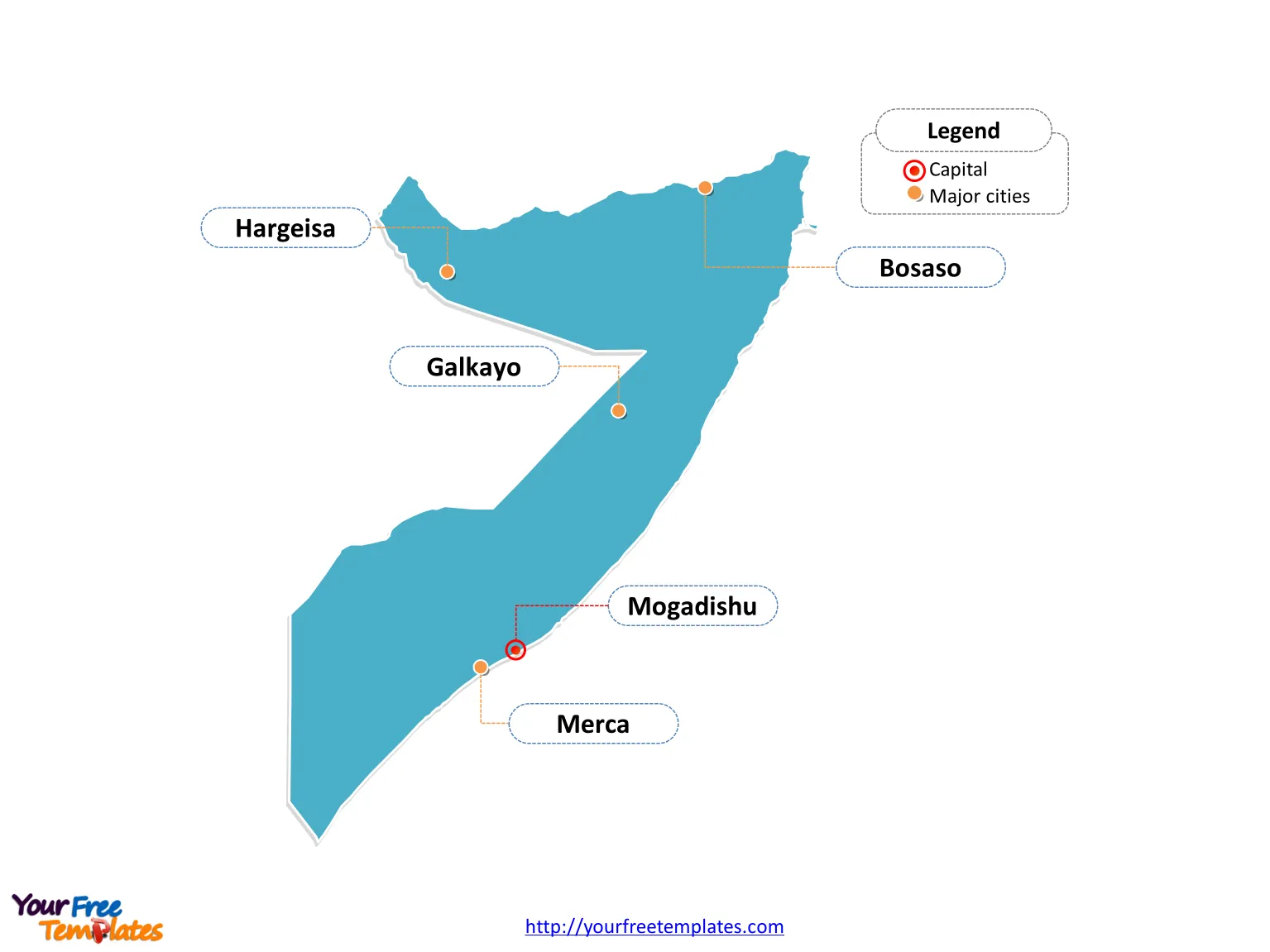 Somalia map labeled with cities
