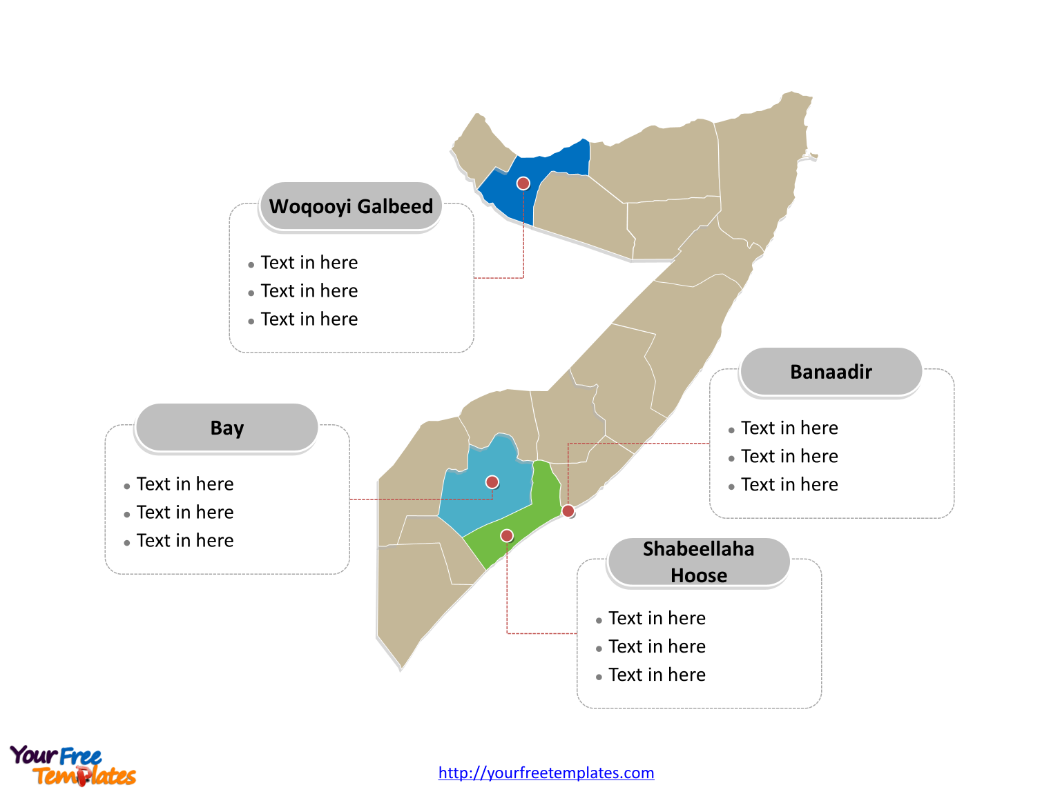 Somalia map labeled with major political Regions