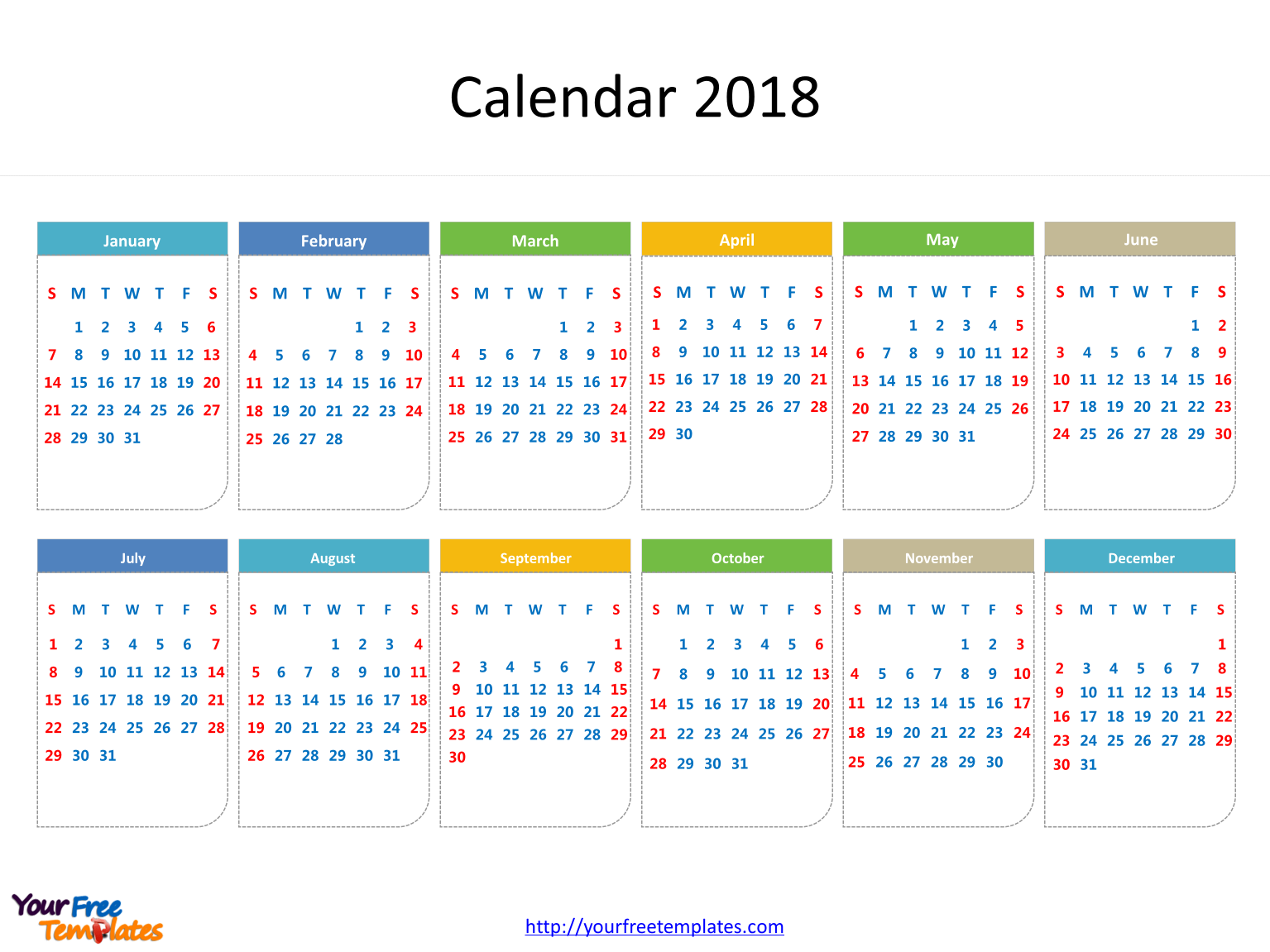 2018 calendar with dates of six months in it