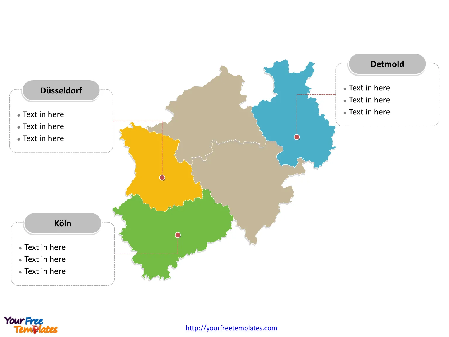 North Rhine-Westphalia map PowerPoint templates labeled with major political regions