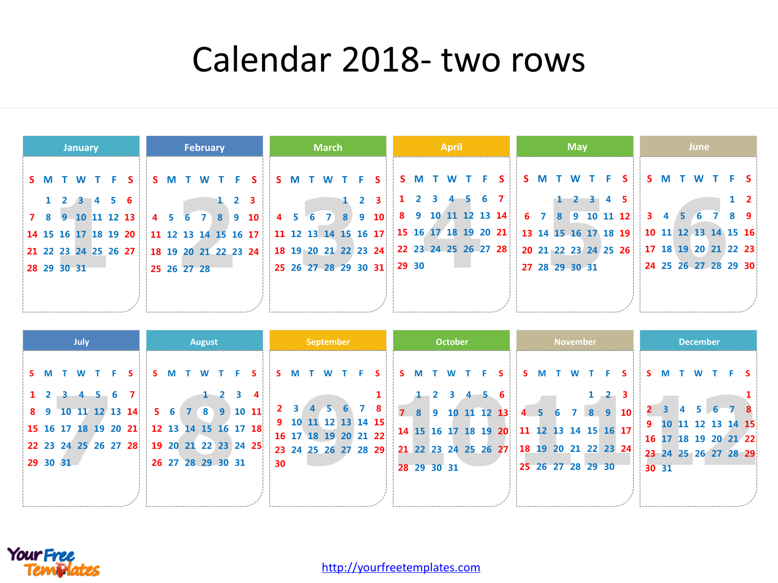 2018 Calendar template with dates of six months in it