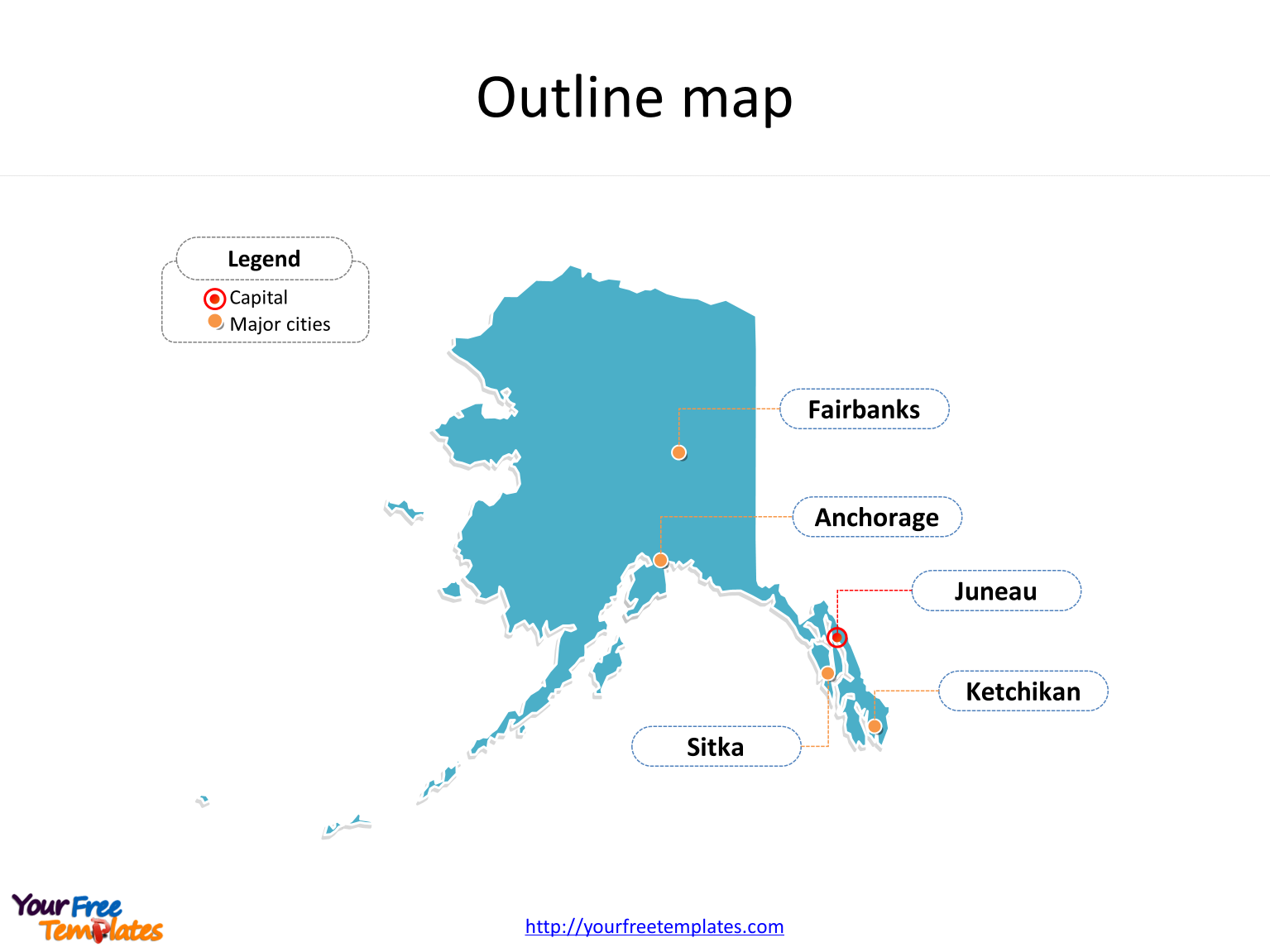 Alaska state map with outline, and Alaska map with cities labeled on the Alaska maps online PowerPoint templates