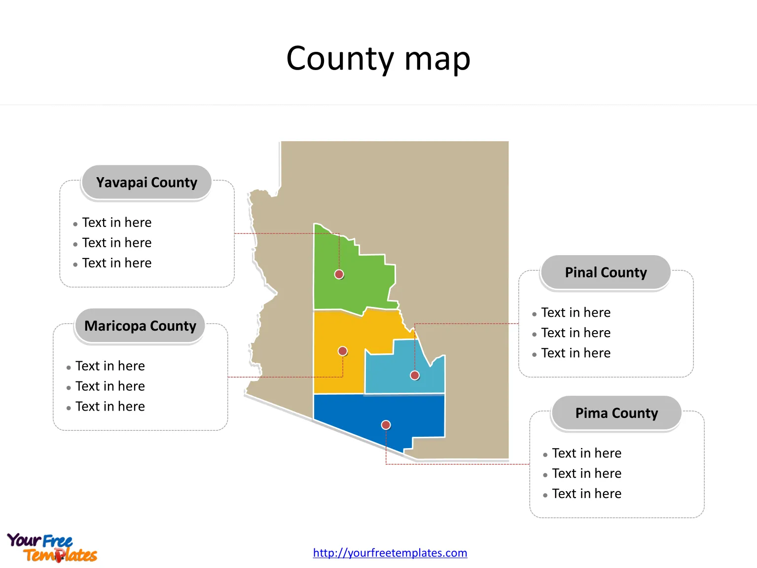 State of Arizona map with major counties labeled on the Arizona maps PowerPoint templates