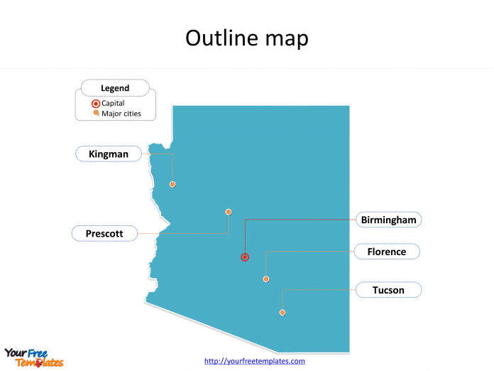 State of Arizona map with outline and cities labeled on the Arizona maps PowerPoint templates