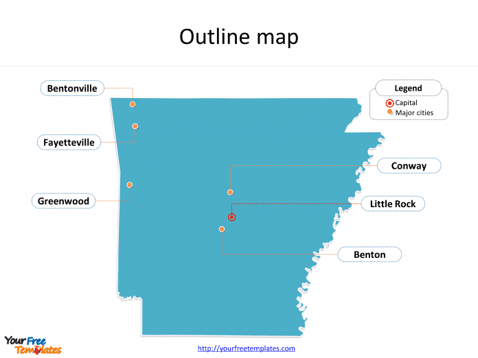 Map of Arkansas with outline and cities labeled on the Arkansas map free templates