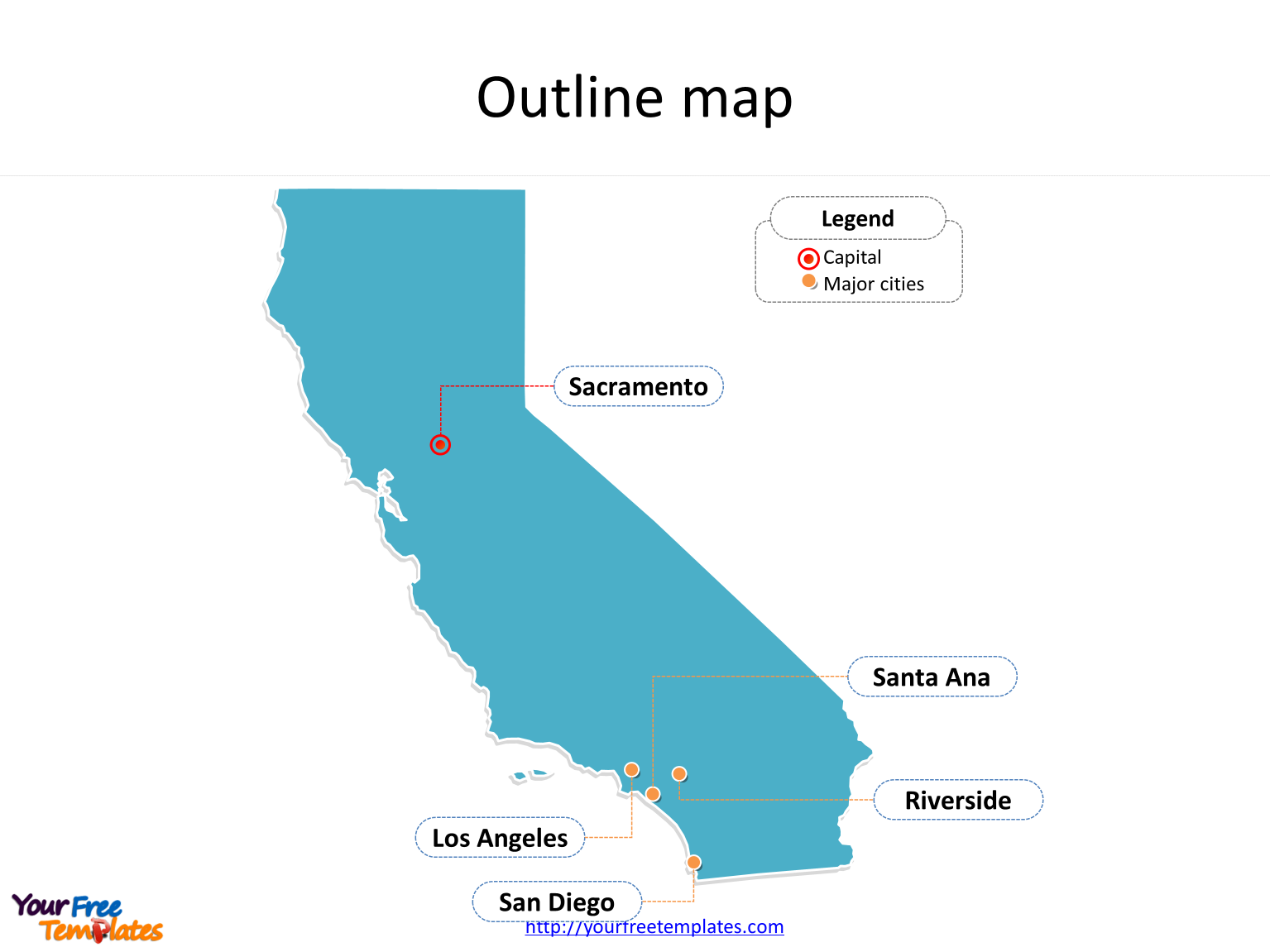 State of California map with outline and cities labeled on the California maps PowerPoint templates