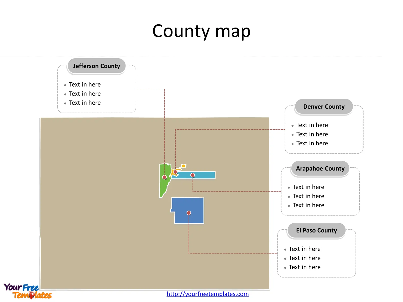 State of Colorado map with major counties labeled on the Colorado maps PowerPoint templates