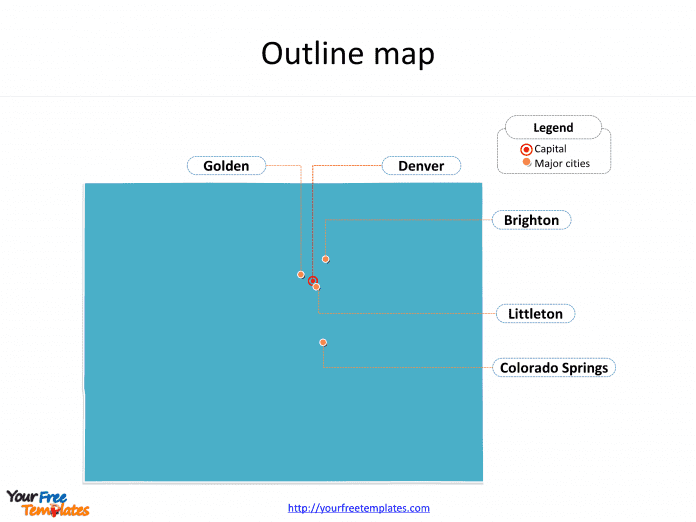 State of Colorado map with outline and cities labeled on the Colorado maps PowerPoint templates