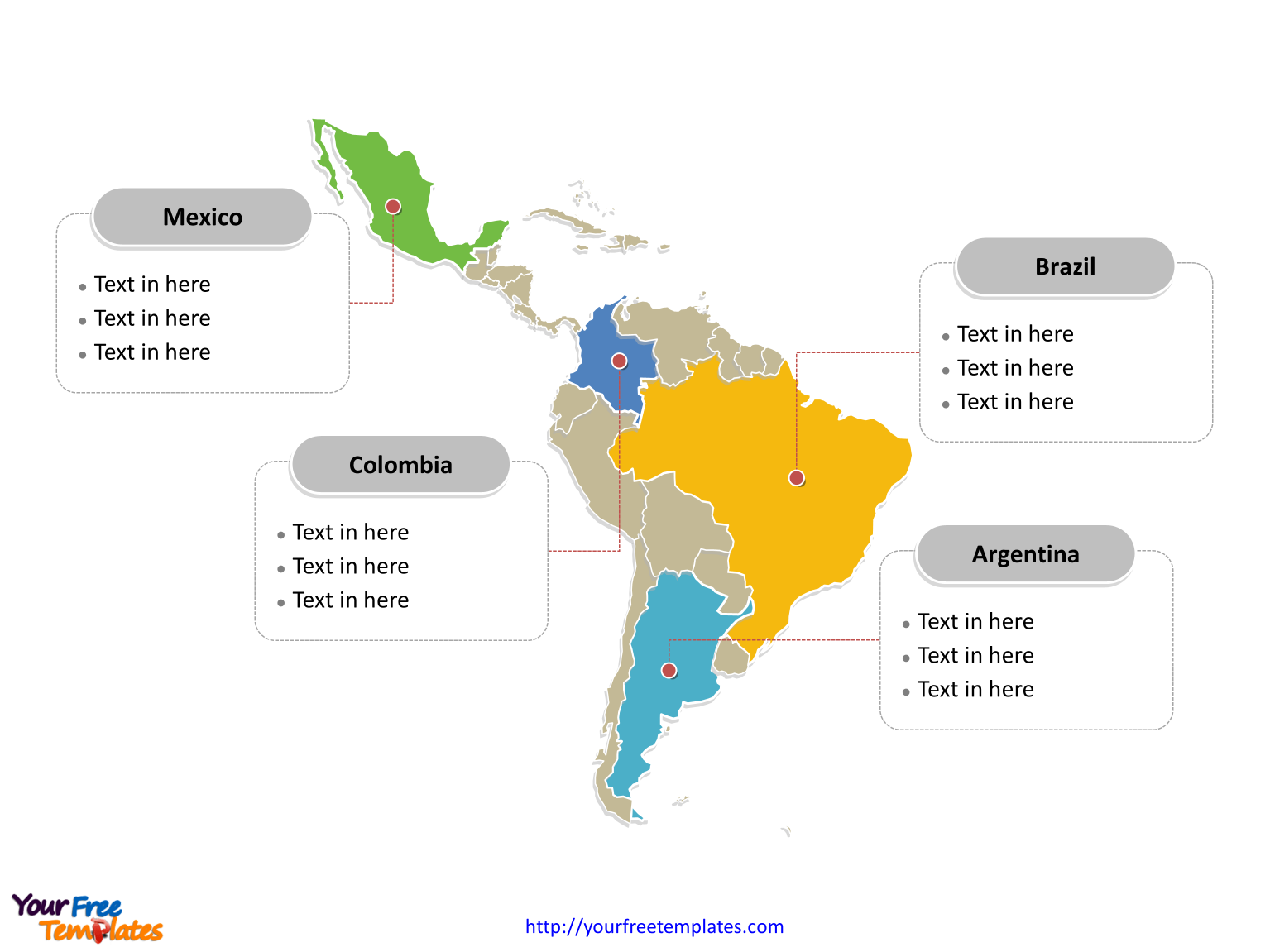 Map of Latin America with political division and major Countries labeled on the Blank Latin America map free templates