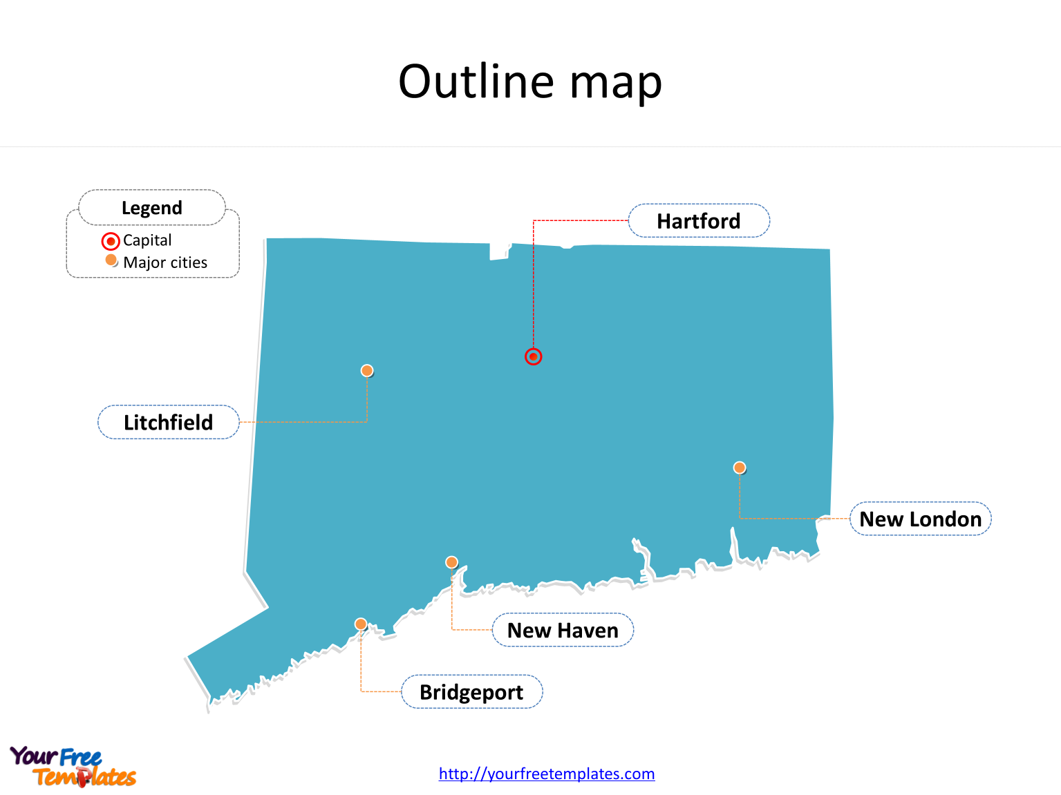 State of Connecticut map with outline and cities labeled on the Connecticut maps PowerPoint templates