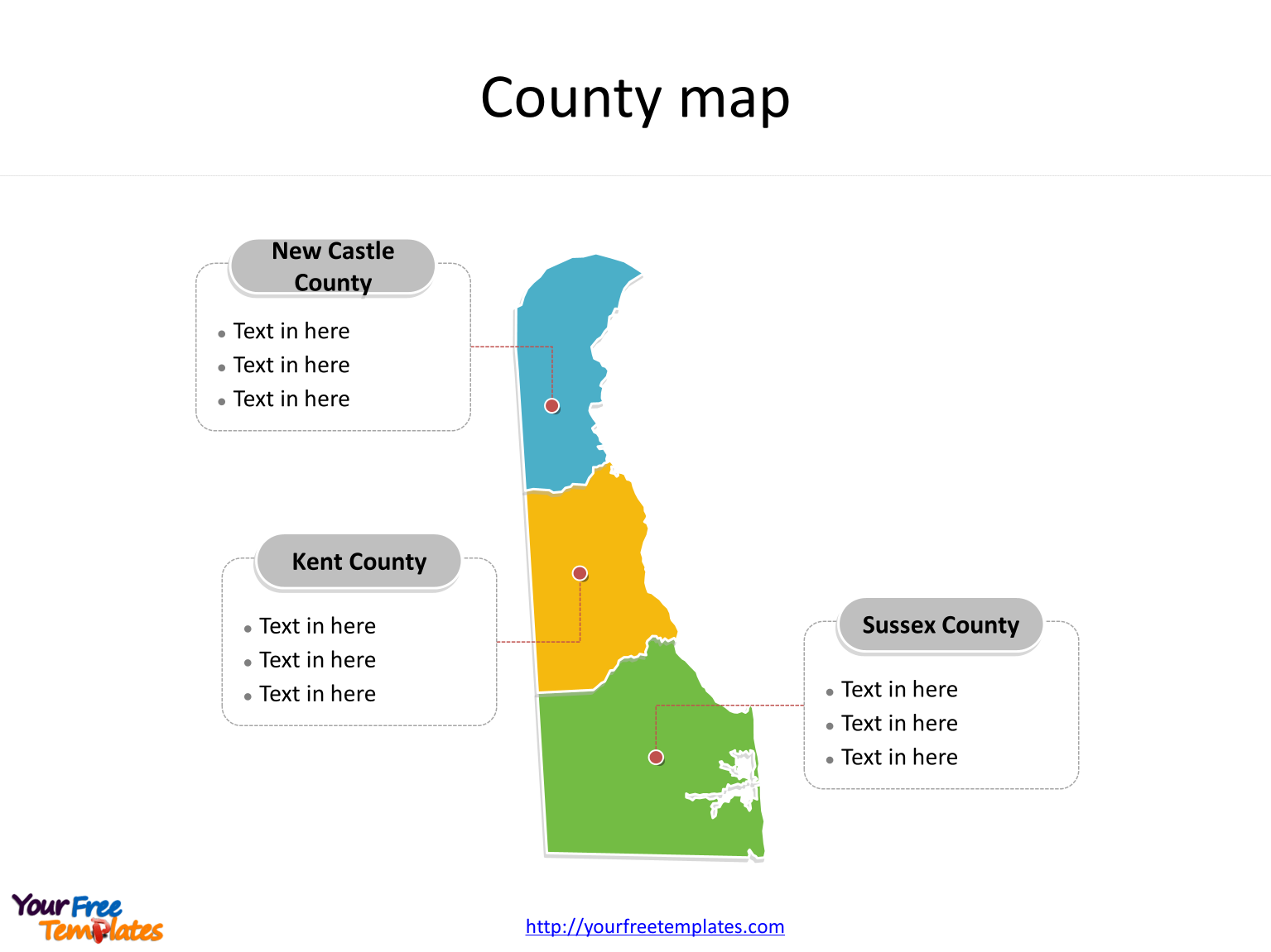 State of Delaware map with 3 counties labeled on the Delaware maps PowerPoint templates