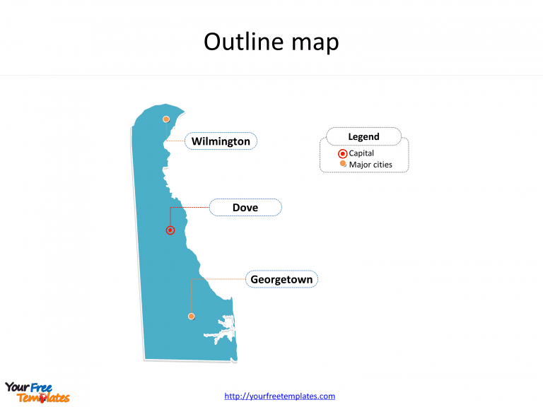 State of Delaware map with outline and cities labeled on the Delaware maps PowerPoint templates