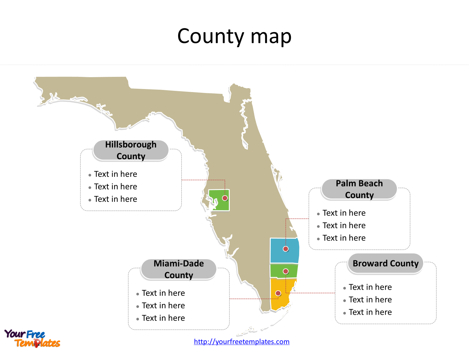 State of Florida map with most populated counties labeled on the Florida maps PowerPoint templates