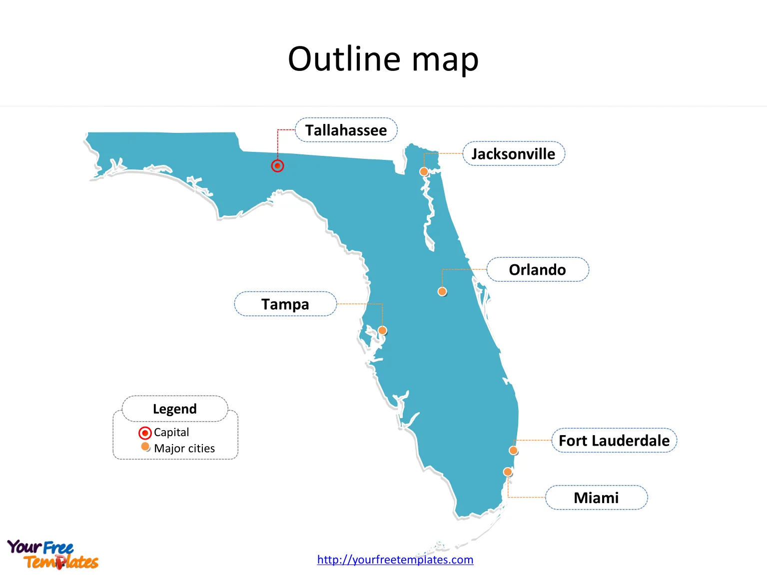 State of Florida map with outline and cities labeled on the Florida maps PowerPoint templates